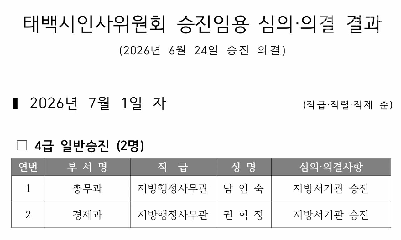 2026년 7월 1일자 4급 승진 의결 태백시 [연리지TV]
